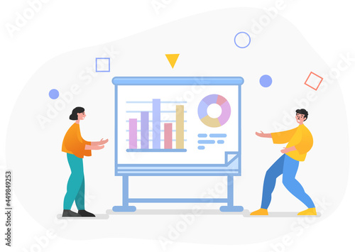 Financial report, business presentation. Two people stand near whiteboard with charts, diagrams. Modern vector illustration