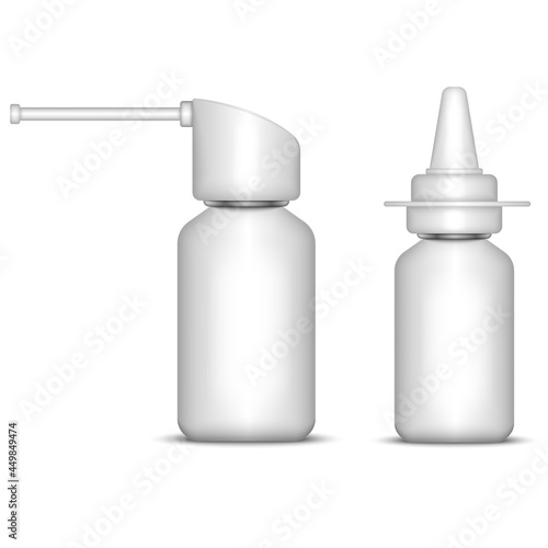 Oral and nasal aerosol balloon spray set 3d blank mockup realistic package, vector object illustration isolated on white, plastic medical container propellant.