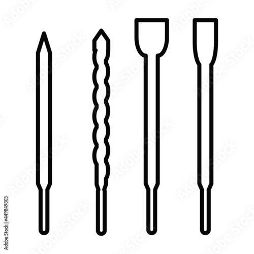 Icon of the drill. Replaceable drill heads for working with various materials. Vector illustration isolated on a white background for design and web.