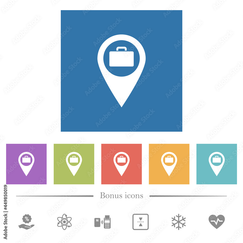Baggage storage GPS map location flat white icons in square backgrounds Baggage storage GPS map location flat white icons in square backgrounds