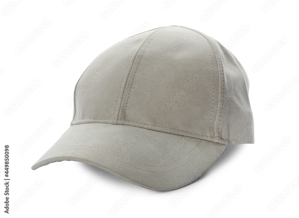 Stylish light grey baseball cap on white background Stylish light grey baseball cap on white background