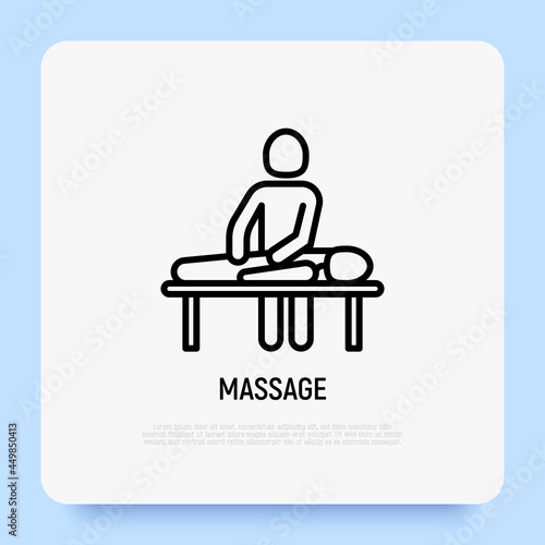 Massage thin line icon. Rehabilitation, relaxation, physiotherapy, osteopathy. Modern vector illustration.