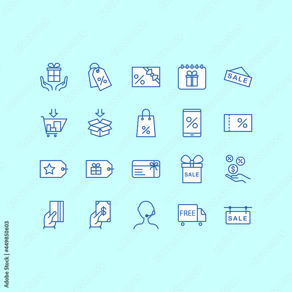 Discount flat line icons set. Included icons as sale, badge, coupon, cash back, shopping cart, delivery, gift and more. Simple flat vector illustration for web site or mobile app Discount flat line icons set. Included icons as sale, badge, coupon, cash back, shopping cart, delivery, gift and more. Simple flat vector illustration for web site or mobile app