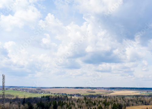 Aerial view of agricultural landscape with fields in spring season.