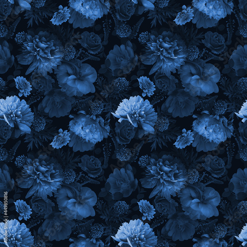 Blue flowers peonies and leaves on black background. Floral summer seamless pattern.