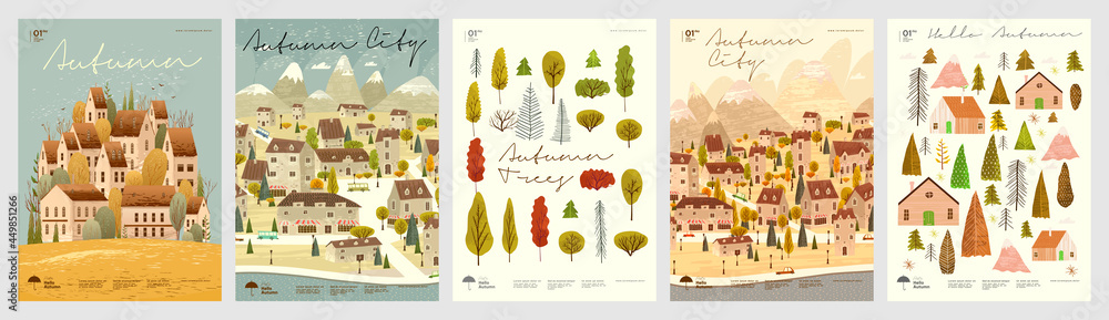 Autumn. City landscape. A set of simple flat vector illustrations. Background patterns hello autumn, autumn sale, seasons. Perfect background for banner, poster, flyer, cover.