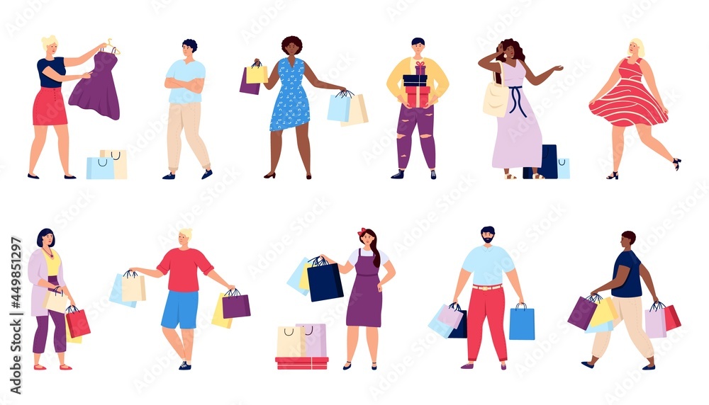 Shopping people. Shop man, person hold gift boxes and bags. Retail consumer, shopper with purchase. Buyer in store or supermarket utter vector set