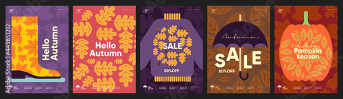 Autumn. A set of simple flat vector illustrations. Background patterns hello autumn, autumn sale, seasons. Perfect background for banner, poster, flyer, cover.