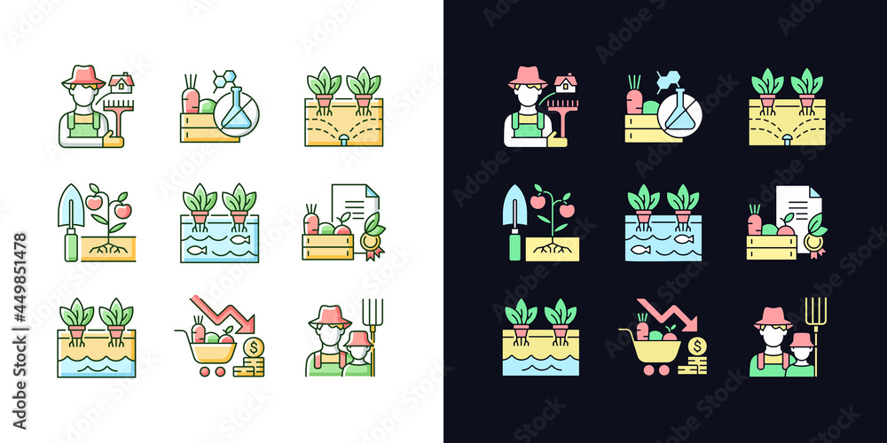 Farming light and dark theme RGB color icons set. Agricultural business. Rural area. Crop quality control. Isolated vector illustrations on white and black space. Simple filled line drawings pack Farming light and dark theme RGB color icons set. Agricultural business. Rural area. Crop quality control. Isolated vector illustrations on white and black space. Simple filled line drawings pack