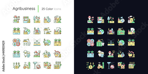 Agriculture related light and dark theme RGB color icons set. Growing vegetables and fruits. Isolated vector illustrations on white and black space. Simple filled line drawings pack