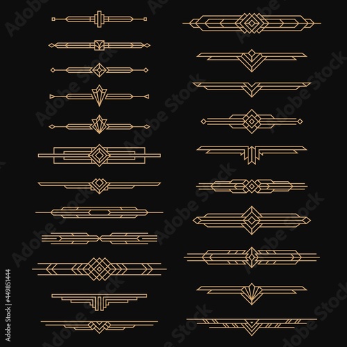 Art deco dividers. Vintage artful arts, 30s headers style. Ornaments, borders and frames design, golden ornate decor labels with lines tidy vector set