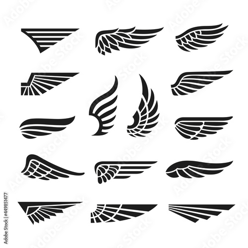 Eagle wings. Army minimal logo, wing graphics icons. Abstract retro black falcon bird badges, isolated flight emblem tidy vector collection