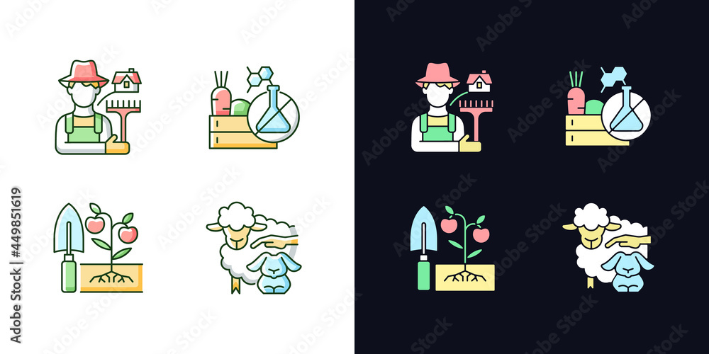 Work on farm light and dark theme RGB color icons set. Chemical free goods production. Food quality control. Isolated vector illustrations on white and black space. Simple filled line drawings pack Work on farm light and dark theme RGB color icons set. Chemical free goods production. Food quality control. Isolated vector illustrations on white and black space. Simple filled line drawings pack