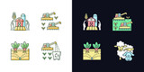 Agriculture and farming light and dark theme RGB color icons set. Ecological innovation in farming. Isolated vector illustrations on white and black space. Simple filled line drawings pack