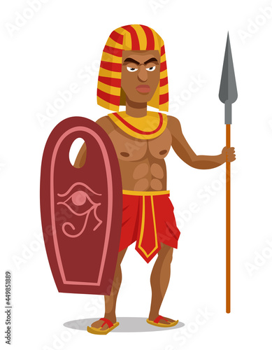 Egyptian warrior holding shield and spear. Male character in cartoon style.