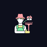 Rural workers RGB color icon for dark theme. Man stands near barn. Labourer with tool. Grow and produce food. Isolated vector illustration on night mode background. Simple filled line drawing on black