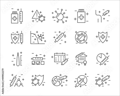 Vaccination and immunization line icon set. Collection of editable stroke symbols. Vaccines against virus, vaccination sheldule, anti vaccine, shield virus. Flu, hepatitis, measles covid prevention