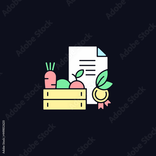 Organic certification RGB color icon for dark theme. Requirements for farm goods. Verification mark. Isolated vector illustration on night mode background. Simple filled line drawing on black