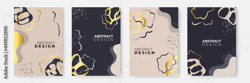 Gold black abstract art print collection isolated. Gold black nature plant leaf poster set isolated. Boho poster with gold black abstract shape elements