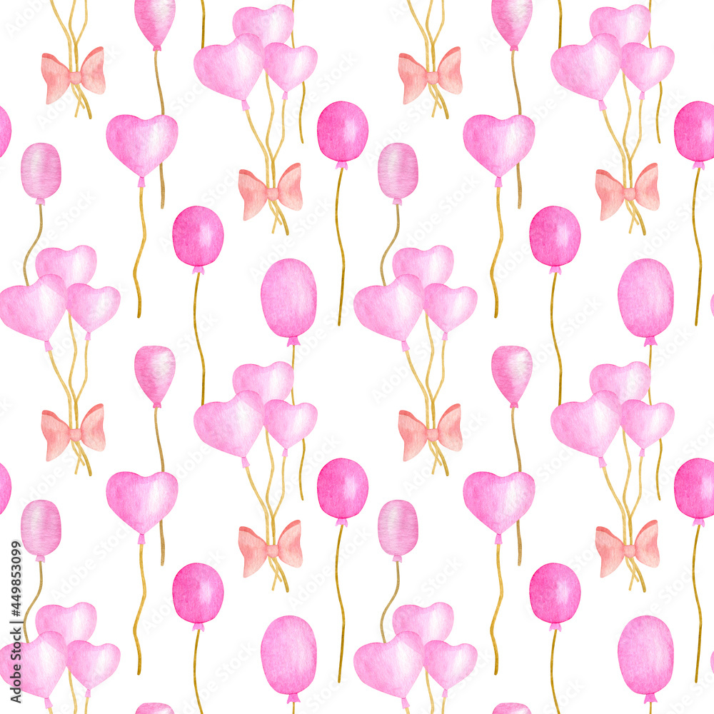 Watercolor pink balloons seamless pattern. Hand drawn cute round and heart shape air balloon bunches with ribbon bows isolated on white. Birthday party, Valentine's Day background