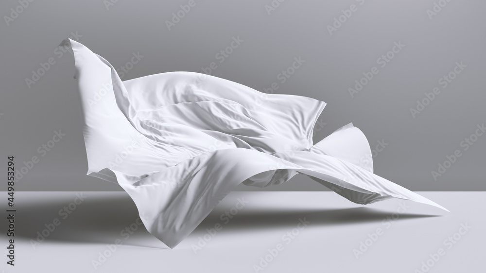 3d render. Abstract white background with fabric cloth falling on the floor inside the empty room. Fashion drapery unveil.Silk dynamic drapery is blown away by the wind 3d render. Abstract white background with fabric cloth falling on the floor inside the empty room. Fashion drapery unveil.Silk dynamic drapery is blown away by the wind
