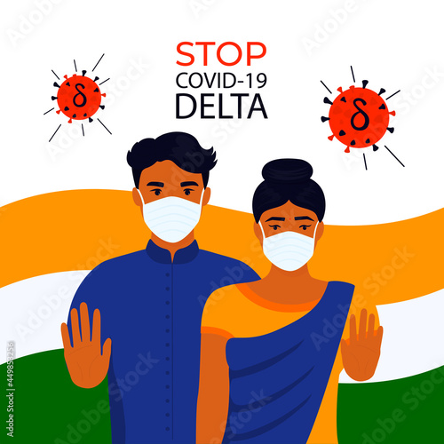 Coronavirus Delta. B.1.617.2. Indian man and woman show stop hand gesture