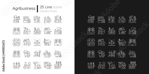 Agriculture related linear icons set for dark and light mode. Growing vegetables and fruits. Farm technology. Customizable thin line symbols. Isolated vector outline illustrations. Editable stroke photo