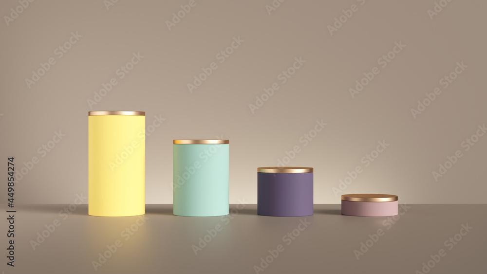 3d render, abstract minimal background with row of colorful cylinders, decreasing graph. Isolated cylinder pedestals, primitive shapes 3d render, abstract minimal background with row of colorful cylinders, decreasing graph. Isolated cylinder pedestals, primitive shapes