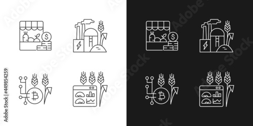 Automated systems in agriculture linear icons set for dark and light mode. Irrigation system. Customizable thin line symbols. Isolated vector outline illustrations. Editable stroke