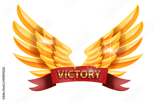 Golden angel victory wings vector illustration, winner award logo, game achievement badge, red ribbon. Success reward clipart, luxury champion label isolated on white. Fantasy phoenix golden wings