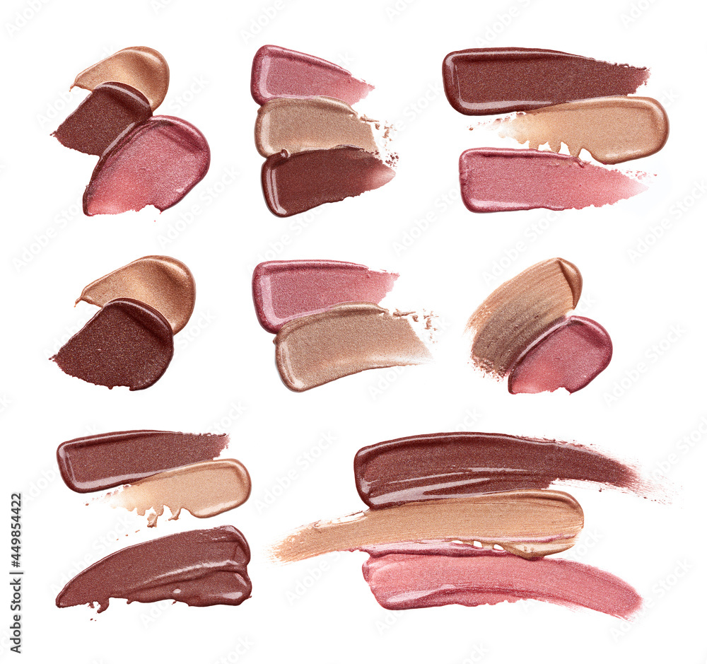Set of lip gloss strokes of light beige, dark brown and soft pink color isolated on white background. Set of lip gloss strokes of light beige, dark brown and soft pink color isolated on white background.