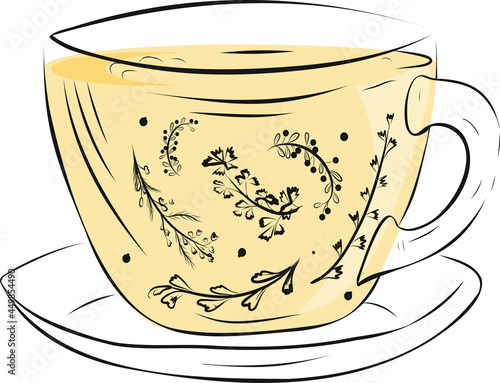 A cup of herbal tea. Health drinks. A glass cup with a saucer. Outline vector illustration. Isolated sketch on a white background