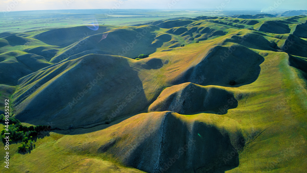 Fototapeta Aerial View of the Long Mountains Ridge. The beginning of the Ural mountains. Orenburg region.