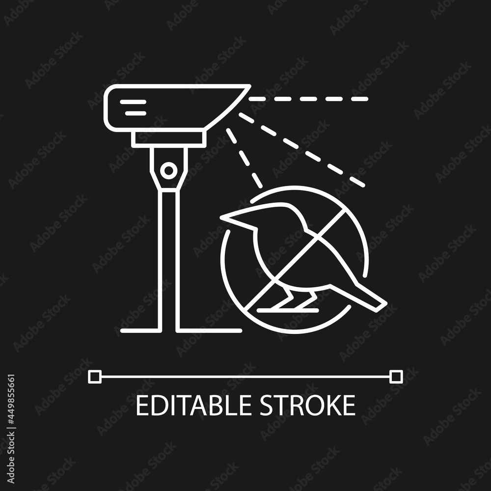 Laser scarecrows white linear icon for dark theme. Modern device that scares off birds. Thin line customizable illustration. Isolated vector contour symbol for night mode. Editable stroke Laser scarecrows white linear icon for dark theme. Modern device that scares off birds. Thin line customizable illustration. Isolated vector contour symbol for night mode. Editable stroke