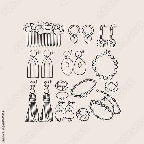 Vector illustration set of jewelry items. Modern accessorizes - pearl necklace, beads, ring, earrings, bracelet, hair comb.