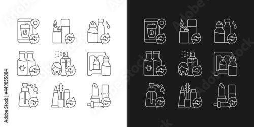 Refillable products linear icons set for dark and light mode. Zero waste to reduce carbon print on environment. Customizable thin line symbols. Isolated vector outline illustrations. Editable stroke