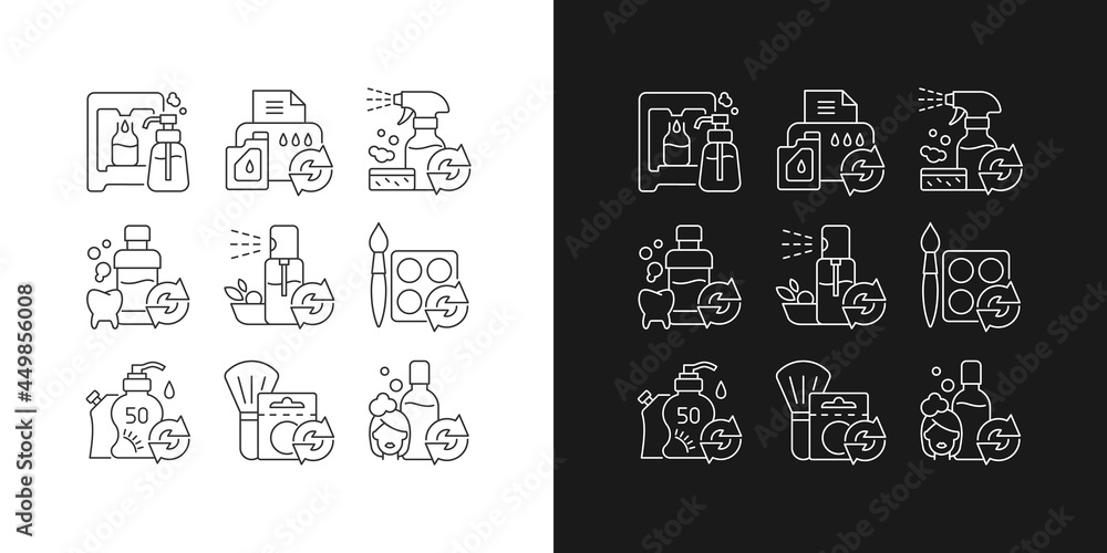 Reusable products linear icons set for dark and light mode. Reusable products to reduce carbon print. Customizable thin line symbols. Isolated vector outline illustrations. Editable stroke
