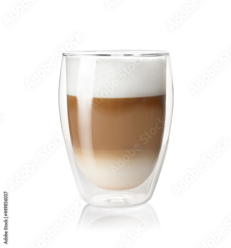 Hot coffee with milk in glass isolated on white