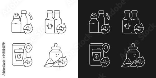 Refillable options linear icons set for dark and light mode. Water bottle. Milk drink. Eco friendly package. Customizable thin line symbols. Isolated vector outline illustrations. Editable stroke