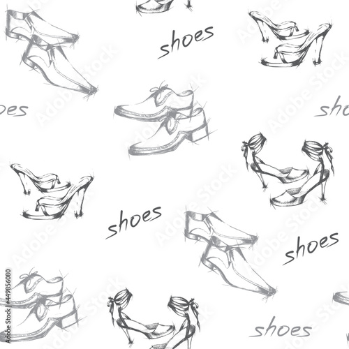 Vector linear illustration, hand-drawn seamless pattern of models of women's and men's shoes. Casual, classic style. Shoes for the summer. Doodle drawing for wallpaper, wrapping paper, background