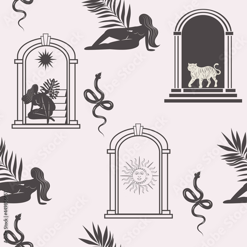 Seamless pattern with astrology and mystical elements, wild animals, woman silhouette, arch, palm leaf. Editable Vector illustration.