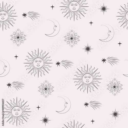 Seamless pattern with astrology and mystical elements, moon, sun and stars. Editable vector illustration.