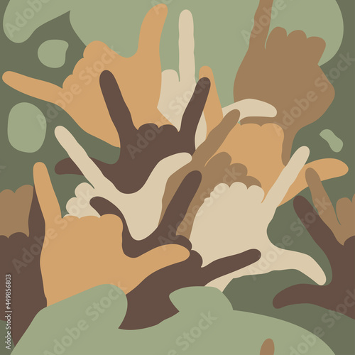 Seamless modern military pattern from the American sign language I love you.