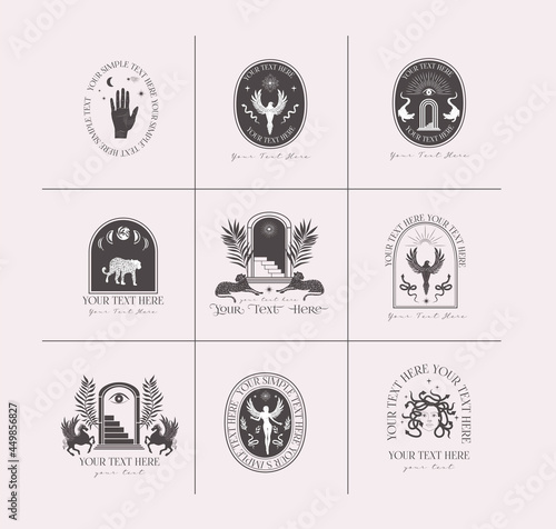 Collection of logotype with wild animals, mythology creature, plants and astrology elements. Editable vector illustration.