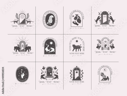 Collection of logotype with wild animals, mythology creature, plants and astrology elements. Editable vector illustration.