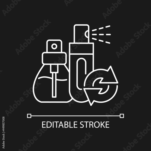 Perfume refill white linear icon for dark theme. Eco friendly package. Refillable sprayer. Thin line customizable illustration. Isolated vector contour symbol for night mode. Editable stroke