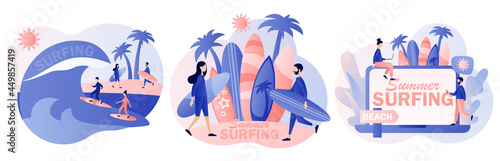 Surfing concept. Surf Club or Shop. Tiny people surfers in beachwear with surfboards in sea or ocean.  Modern flat cartoon style. Vector illustration on white background