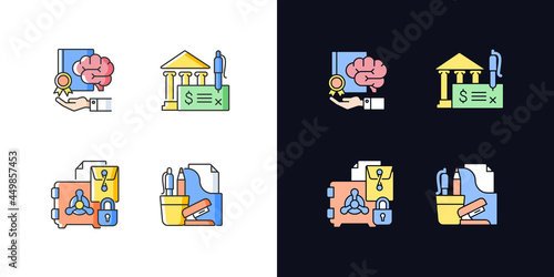Corporate intellectual property light and dark theme RGB color icons set. Trade secrets. Company safety. Isolated vector illustrations on white and black space. Simple filled line drawings pack