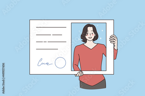 Official document and identification concept. Young smiling woman standing holding ID card in hand looking from hole vector illustration 