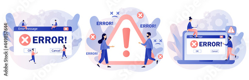 Error message. Tiny people examining operating system error warning window on smartphone and computer. Modern flat cartoon style. Vector illustration on white background photo